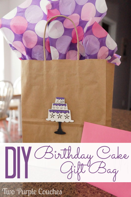 Need a gift bag in a pinch? Embellish a plain craft bag with painted wood shapes. DIY Birthday Cake Gift Bag via www.twopurplecouches.com