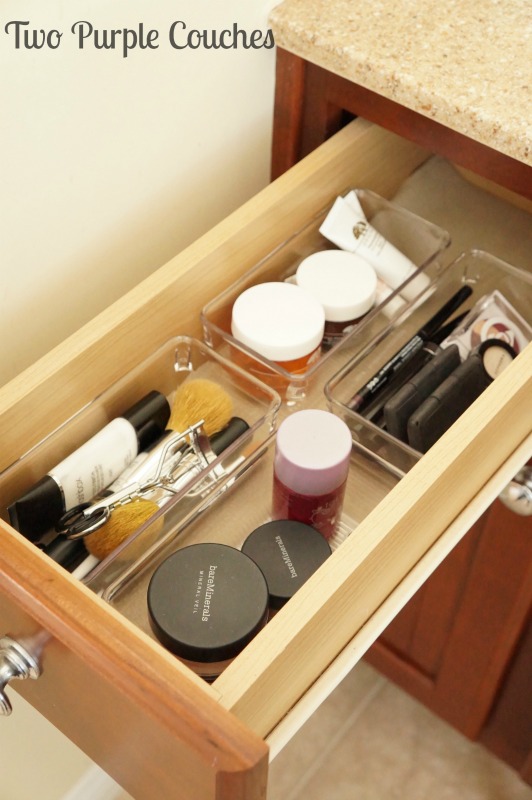 Simple Makeup Storage Idea: use clear acrylic drawer organizers to stash your brushes and cosmetics. via www.twopurplecouches.com