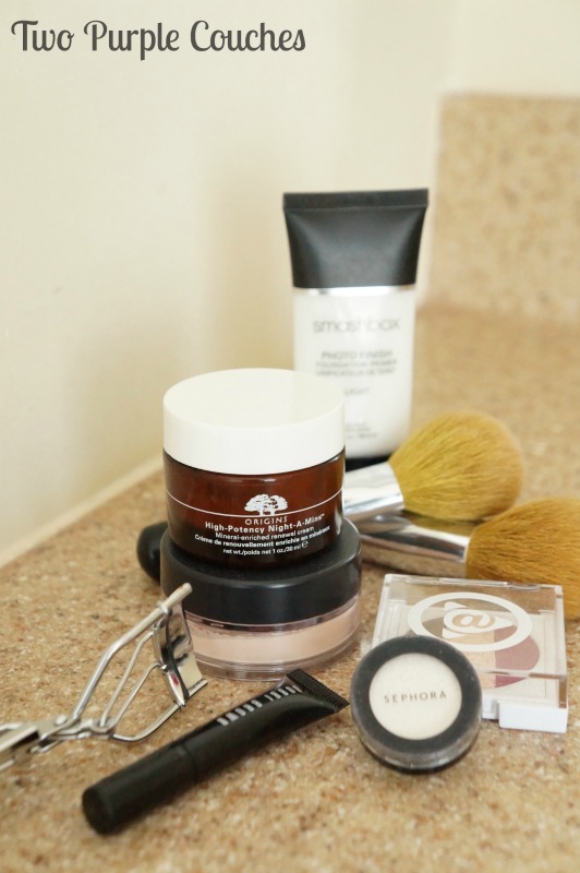 Ideas for organizing makeup and facial care products via www.twopurplecouches.com
