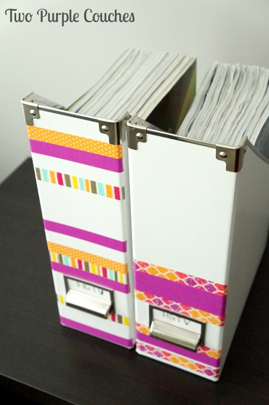 Gotta do this for my office shelves! Makeover boring magazine holders with washi tape. via www.twopurplecouches.com 