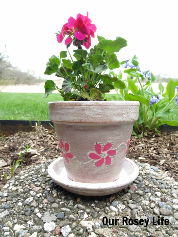 White Washed Pots with Book Page Flowers from Our Rosey Life