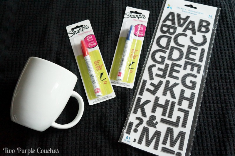 Supplies needed to make your own Sharpie mugs. via www.twopurplecouches.com