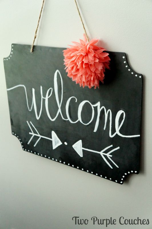 Learn how to make this DIY Chalkboard Sign! via www.twopurplecouches.com