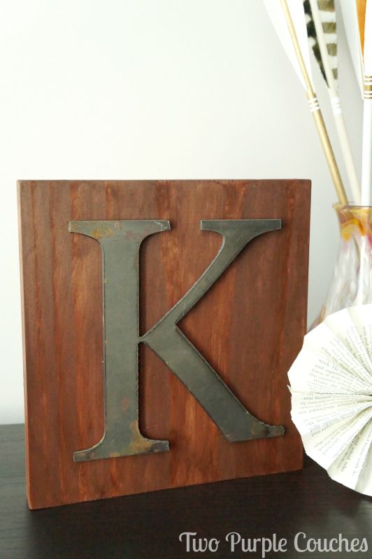 Rustic Industrial Wood and Metal Monogram Sign Decor via www.twopurplecouches.com