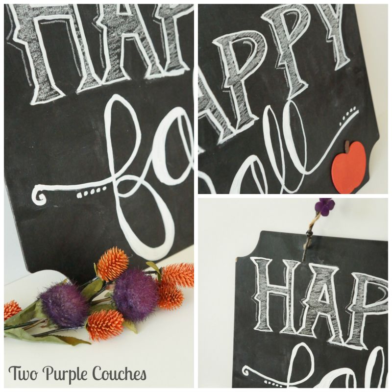 Details of "Happy Fall" Chalkboard Sign. via www.twopurplecouches.com