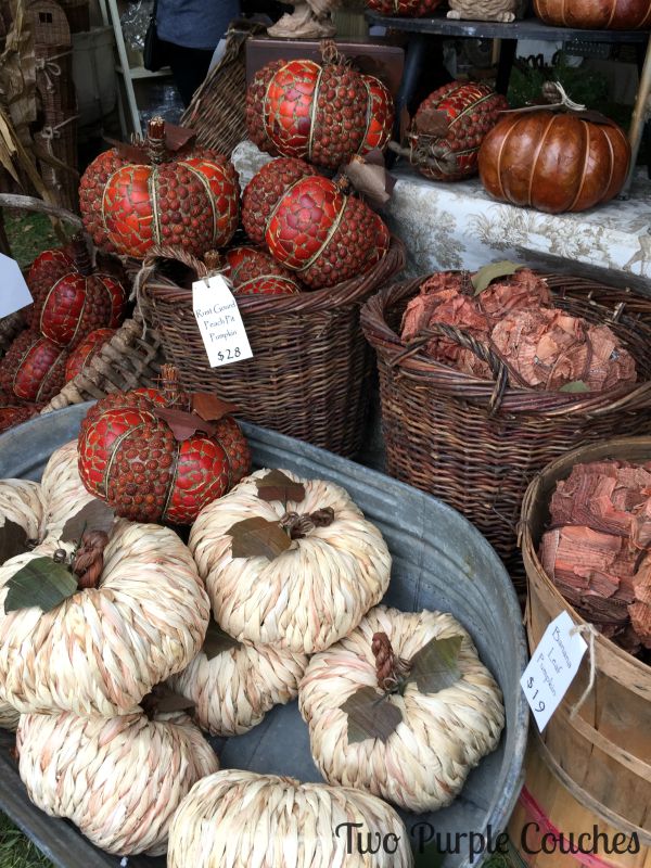 Beautiful pumpkins made from natural materials: seeds, leaves and more. Found at the 2015 Country Living Fair, Columbus, Ohio. via www.twopurplecouches.com