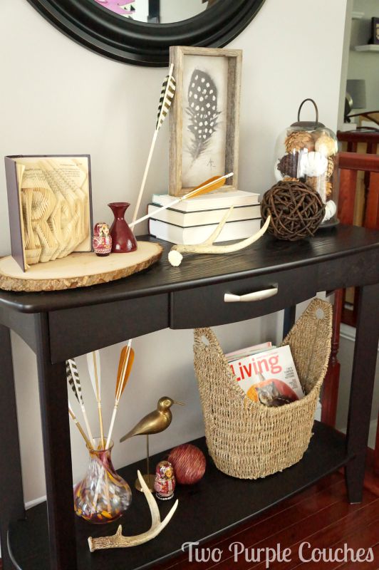 beautiful entry console decorated with neutral and natural decor fall home tour via www.twopurplecouches.com