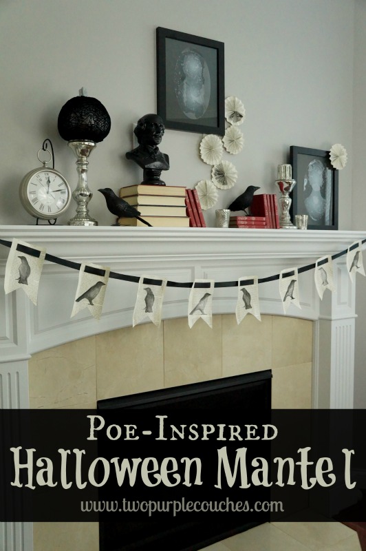 Scare up your Halloween decor with a spooky mantel inspired by Edgar Allan Poe's "The Raven". via www.twopurplecouches.com