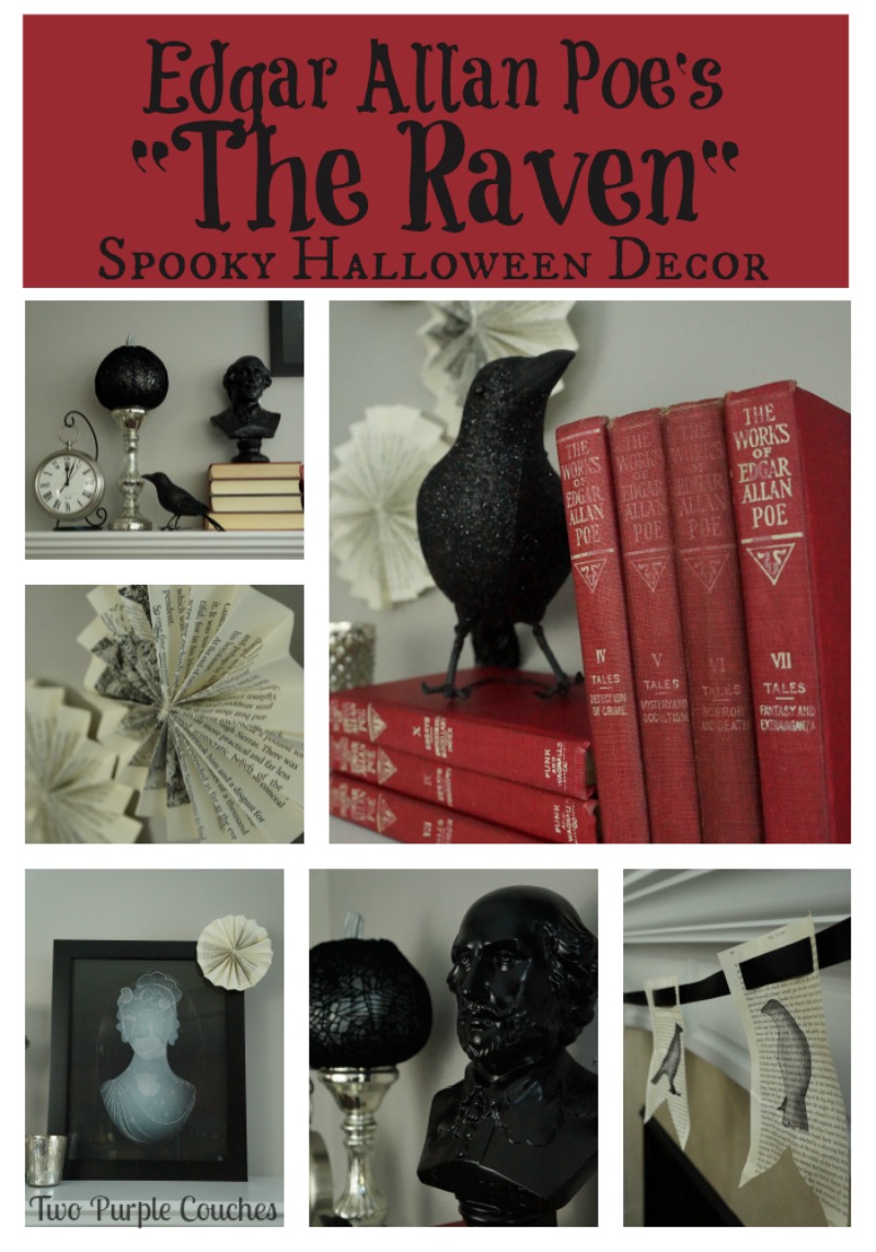 Create this spooky Halloween mantel decor inspired by Edgar Allen Poe's "The Raven". Quoth the raven, 'Nevermore!' via www.twopurplecouches.com