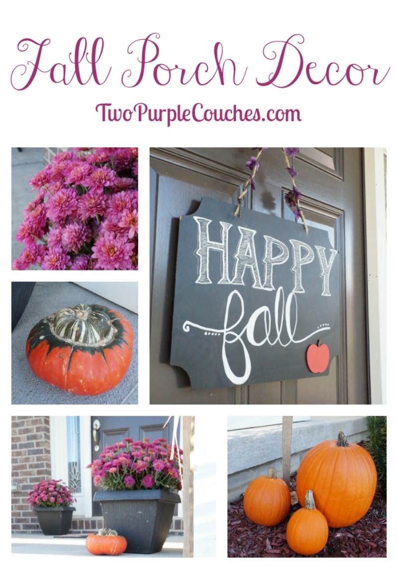 Create a simple yet classic Fall porch decor using potted mums and clusters of pumpkins. Top it all off with a chalkboard sign on the front door! via www.twopurplecouches.com