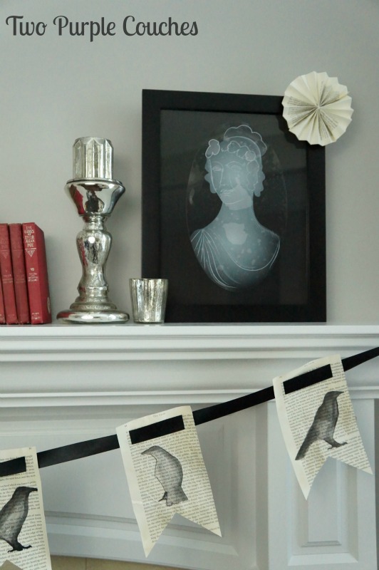 Ghostly portraits add a spooky touch to any frame or mirror for Halloween. via www.twopurplecouches.com