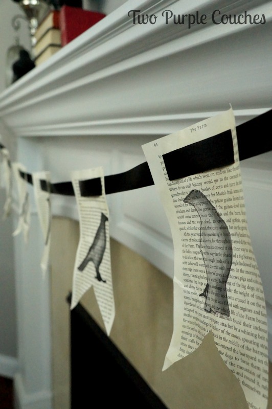 Halloween Book Page Banner Garland -- painted with ravens. Nice Edgar Allan Poe-inspired touch! via www.twopurplecouches.com