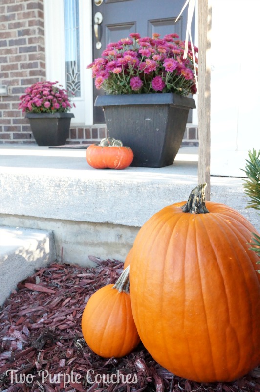 Group pumpkins along steps or in mulch beds to create a welcoming Fall porch. via www.twopurplecouches.com