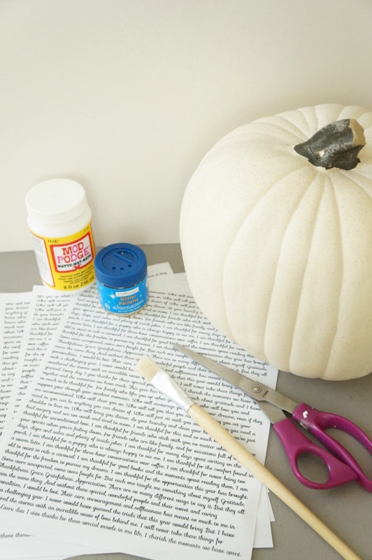 Decoupage supplies for book page covered pumpkins
