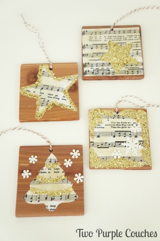 Beautiful glittered vintage sheet music DIY Christmas ornaments. Love the idea to use cookie cutters to make the shapes!  