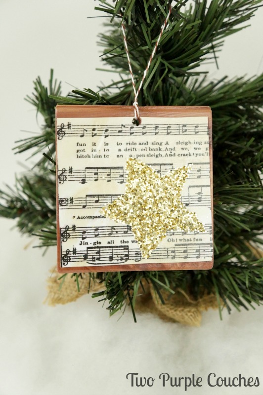 Glam and gorgeous glittered sheet music Christmas ornaments. Easy to make and perfect for vintage-glam style holiday decor. 