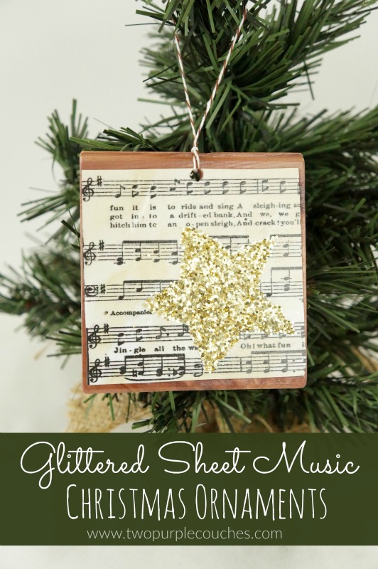 Gorgeous glittered sheet music ornaments are perfect for Christmas decorating with vintage style.