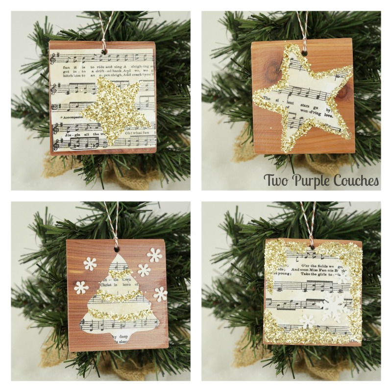 Use vintage-style sheet music, glitter and cookie cutters to create these gorgeous glittered ornaments for the holidays.