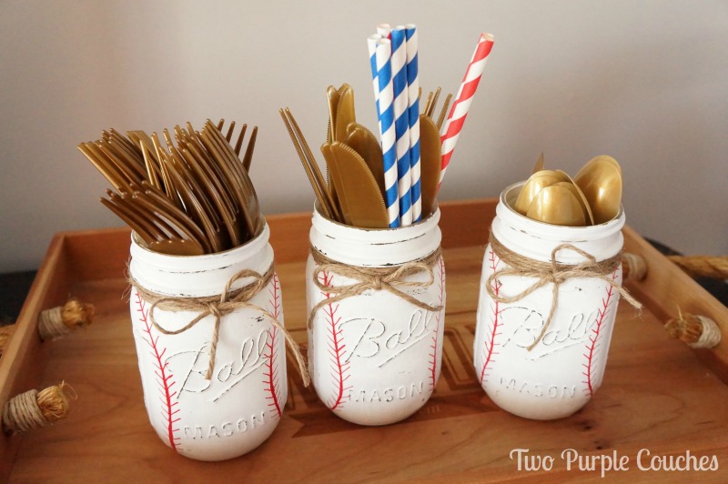Baseball Mason Jar Utensil Caddies - these are so cute and easy to DIY for a baseball themed baby shower or kid's birthday party