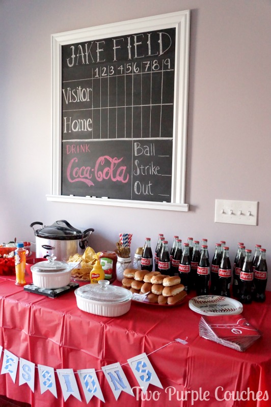 Baseball Themed Baby Shower - Concessions table full of ball park inspired foods like hot dogs and a nacho bar! 