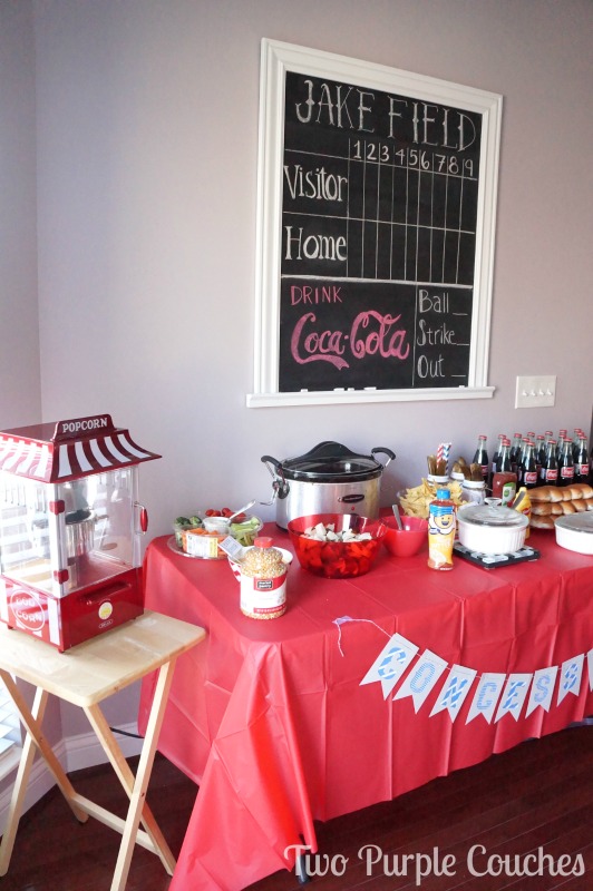 Concessions table at a baseball themed baby shower