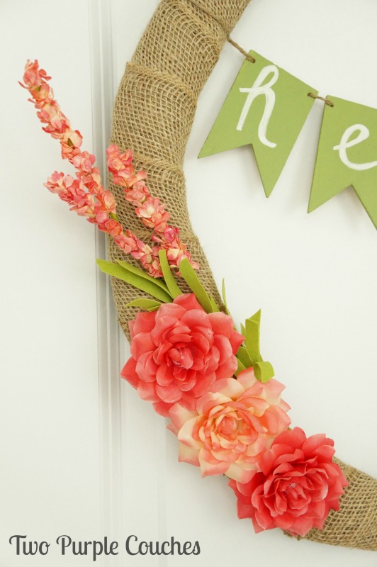How to make a simple Spring Floral Wreath with burlap, faux flowers and a banner. 