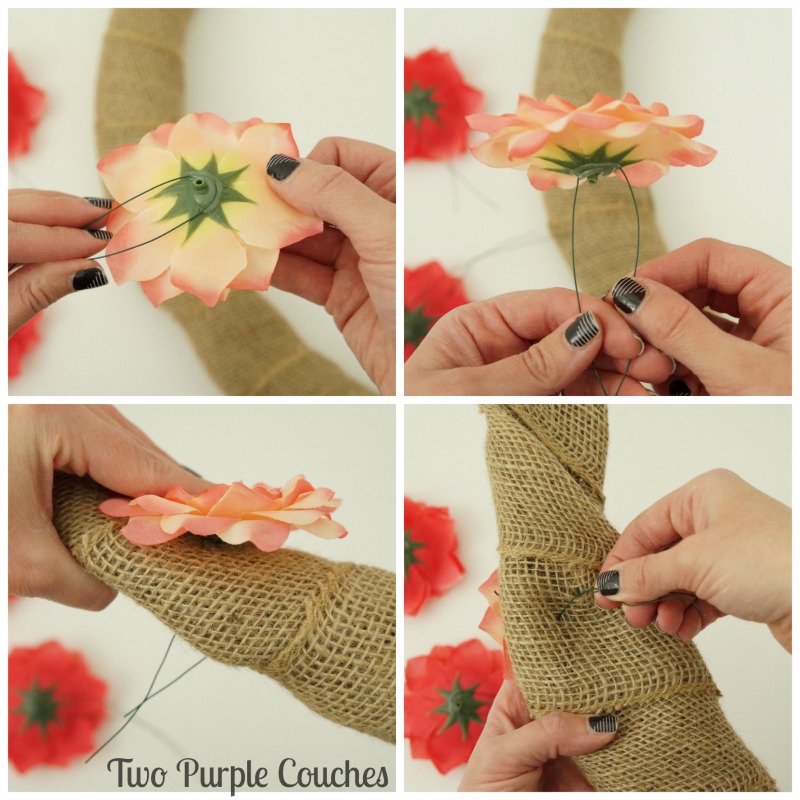 how to attach faux flowers to a burlap wreath using floral wire