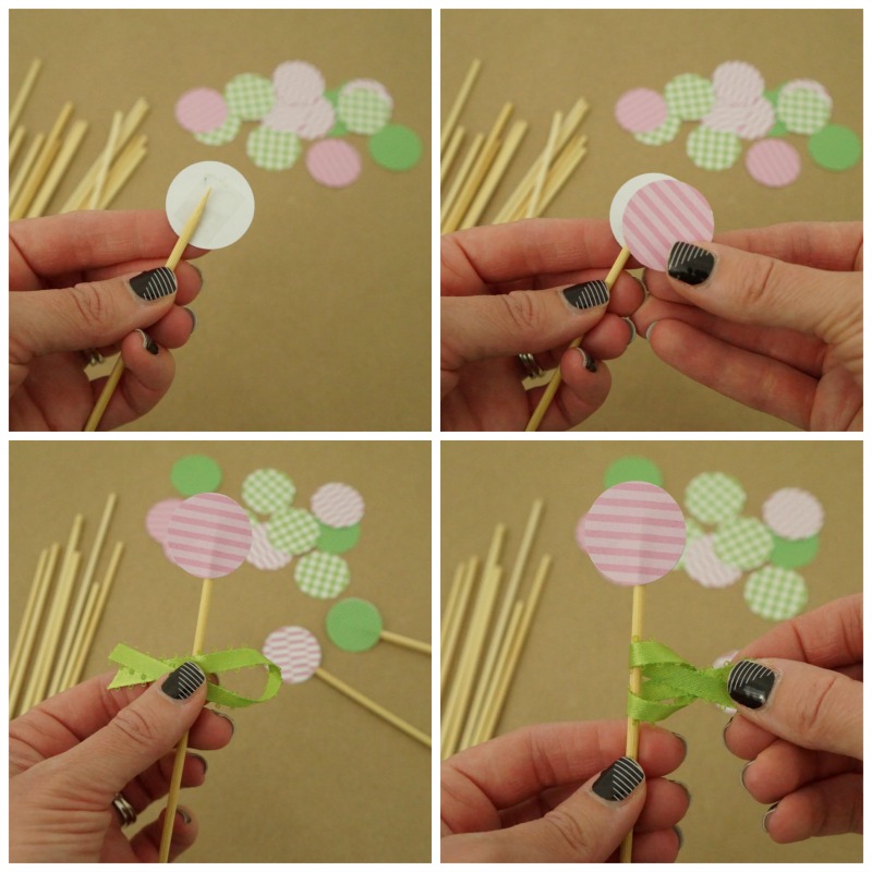 Learn how to make these cocktail stirrers using paper, ribbon and bamboo skewers. These are perfect party accessories for a shower, birthday or engagement party!