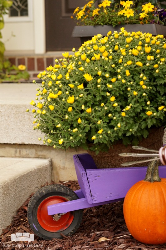 Great ideas for creating colorful, rustic fall porch decor and outdoor fall decorating ideas. Love the mix of purples and yellows - a fresh take for fall!