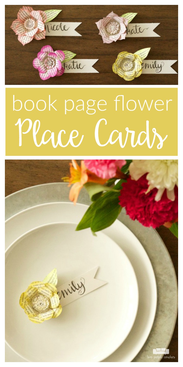 Make your next brunch, shower or event extra special with these beautiful DIY book page flower place cards. Gorgeous and creative name cards for a bridal shower, baby shower or Mother’s Day.