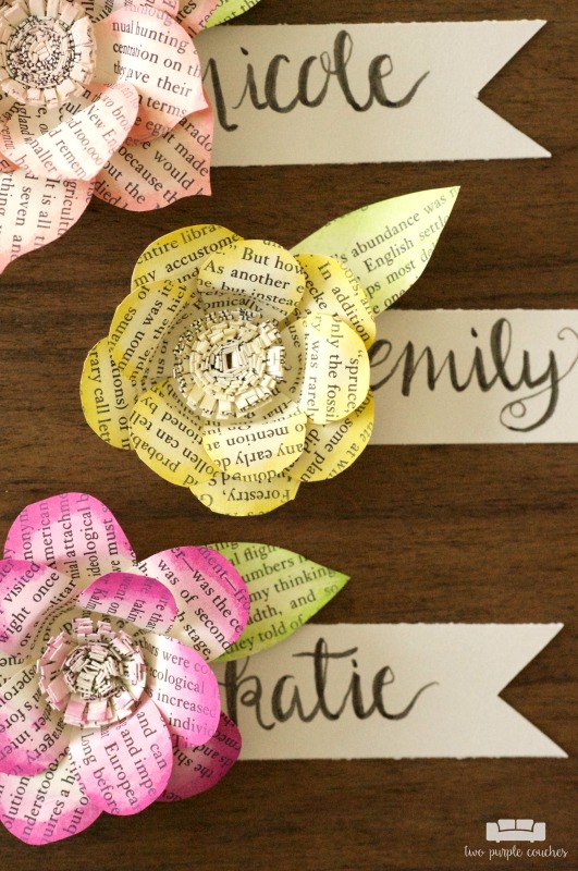 Make your next brunch, shower or event extra special with these beautiful DIY book page flower place cards. Gorgeous and creative name cards for a bridal shower, baby shower or Mother’s Day. 