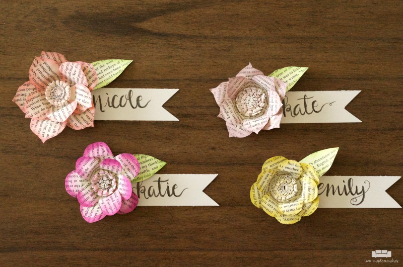 Make your next brunch, shower or event extra special with these beautiful DIY book page flower place cards. Gorgeous and creative name cards for a bridal shower, baby shower or Mother’s Day. 