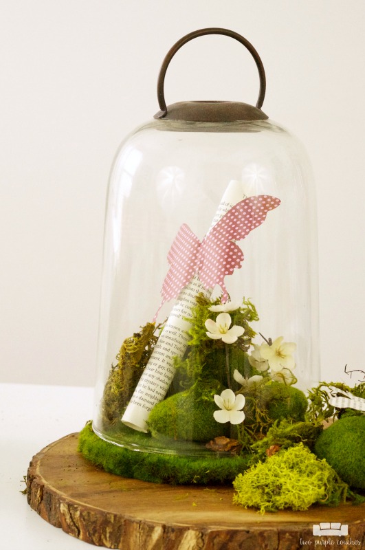 Create a beautiful centerpiece for your home with this simple spring butterfly cloche decor idea. Just add flowers, moss and butterflies!