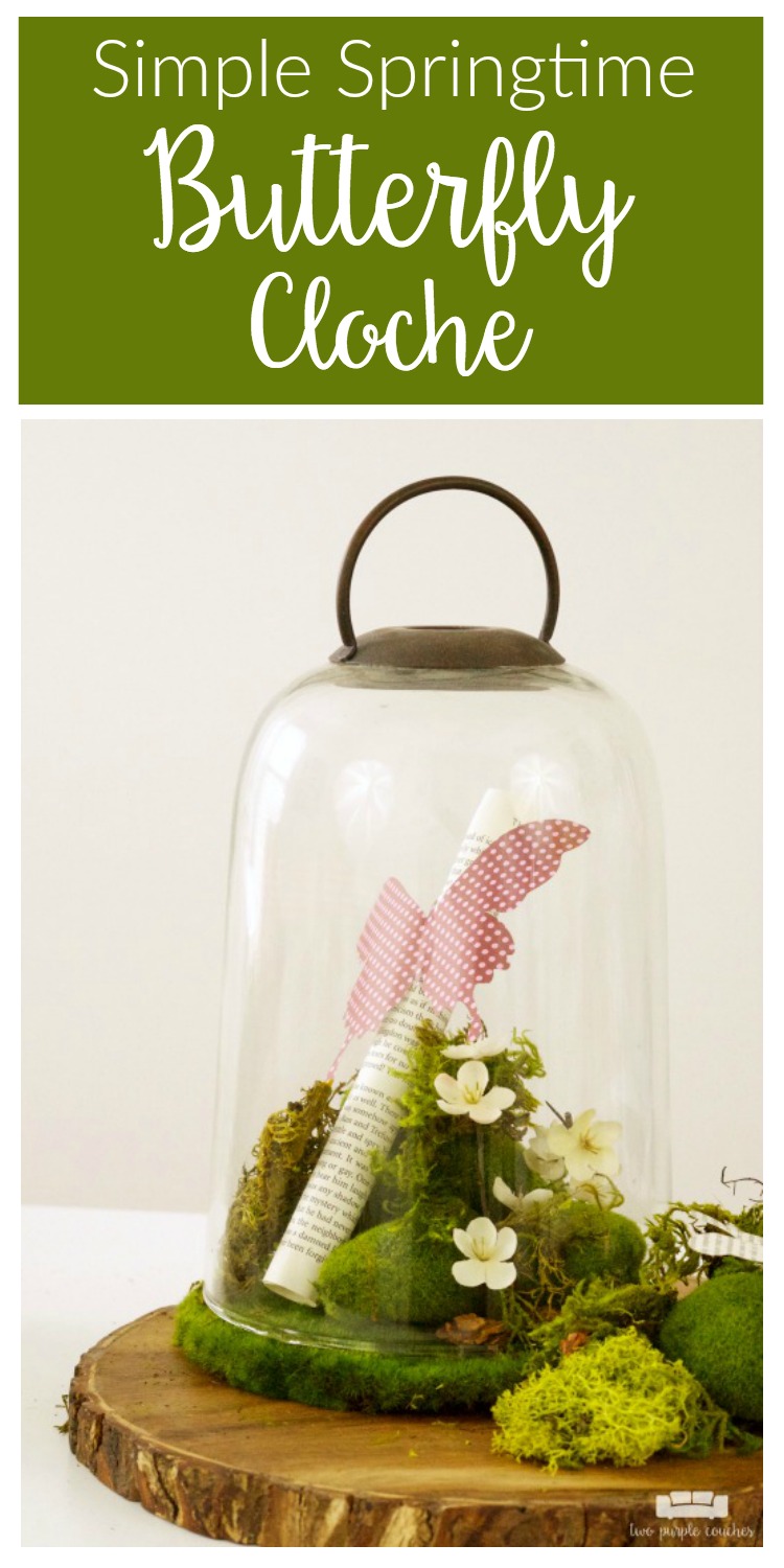 Create a beautiful centerpiece for your home with this simple spring butterfly cloche decor idea. Just add flowers, moss and butterflies! 