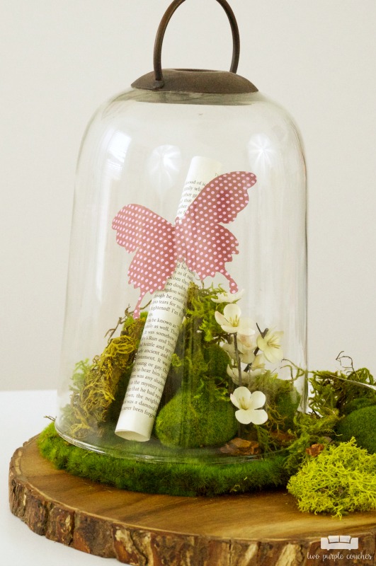 Create a beautiful centerpiece for your home with this simple spring butterfly cloche decor idea. Just add flowers, moss and butterflies! 