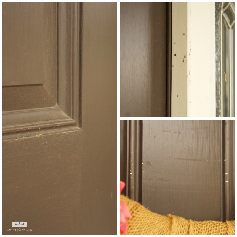 Scratches, dents and dings in builder-grade front door.