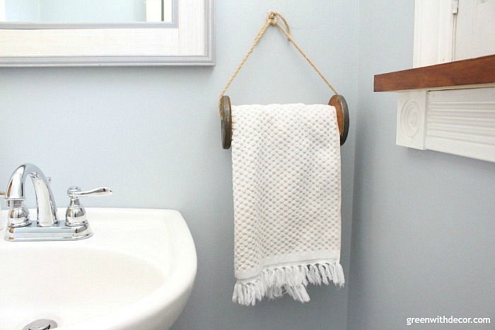 DIY towel rack from vintage wood spool 