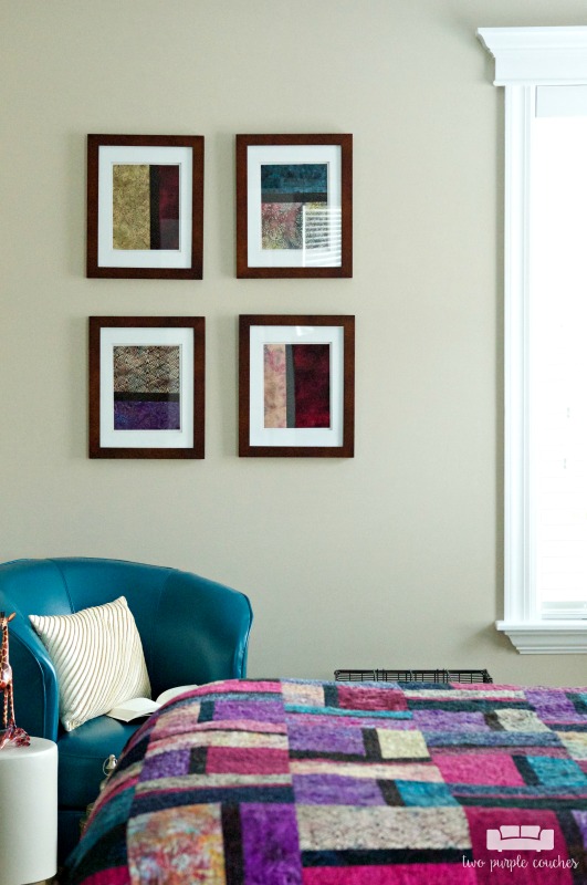 Easy wall decor - frame interesting fabrics to create a gallery wall in this master bedroom tour