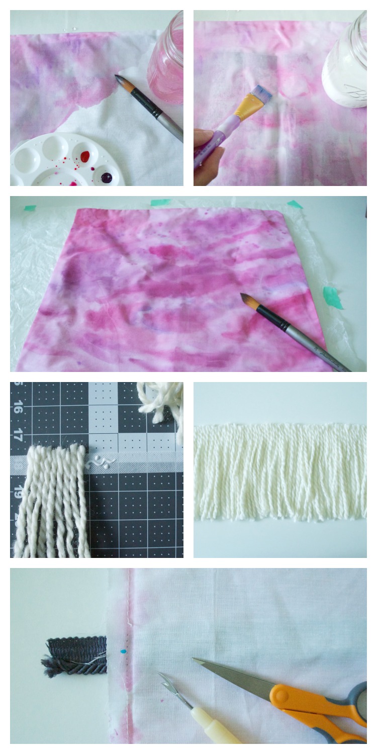 Step by step tutorial for how to make a painted boho pillow with fringe.