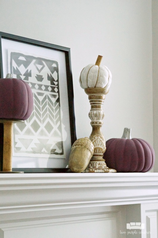 Fall mantel decorations - pumpkins, candlesticks, wood accents