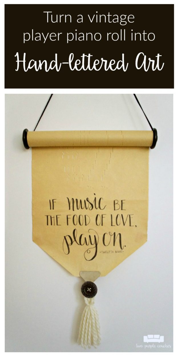Player Piano Roll Art is a such unique way to display and upcycle a vintage player piano roll! Add a favorite hand-lettered phrase to make it your own.