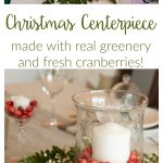 DIY this elegant, easy Christmas centerpiece for your table! All you need are cranberries, greenery, and a simple glass vase and candle.