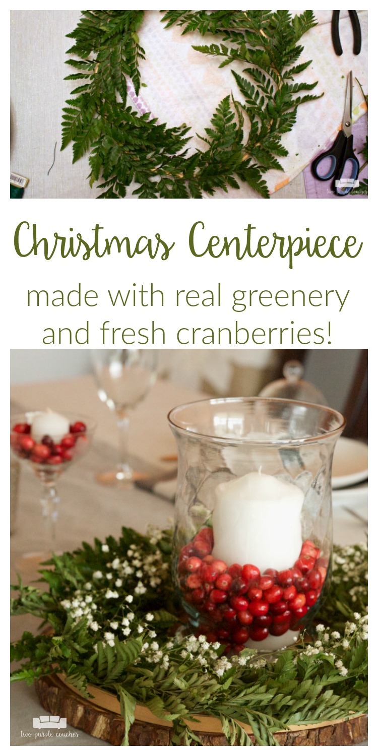 DIY this elegant, easy Christmas centerpiece for your table! All you need are cranberries, greenery, and a simple glass vase and candle.