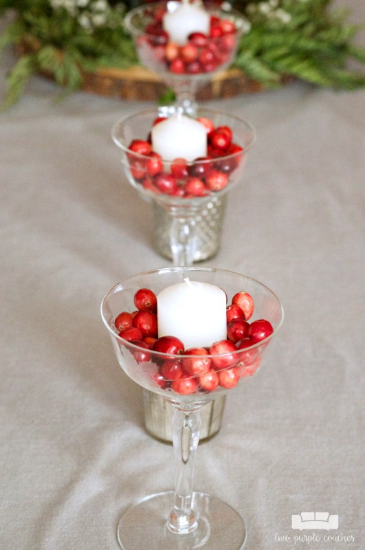 Fill vintage glasses with fresh cranberries for your holiday table. Such a simple and pretty idea!