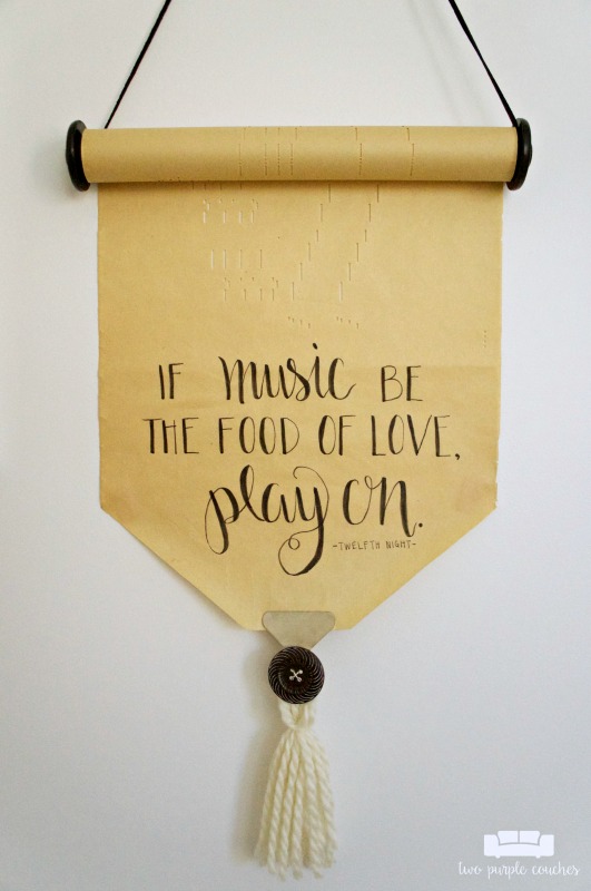 Vintage player piano roll is transformed into pretty lettered wall decor!