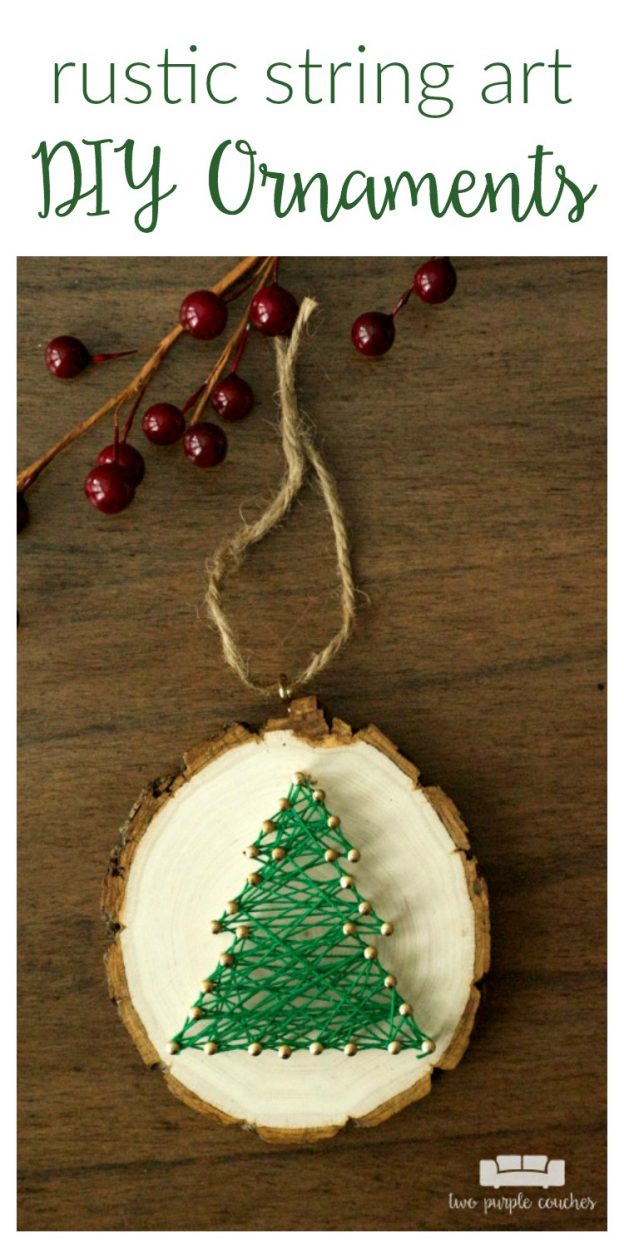 DIY Christmas Tree String Art Ornaments are a fun handmade holiday craft. Follow this simple tutorial to make your own rustic wood slice ornament!