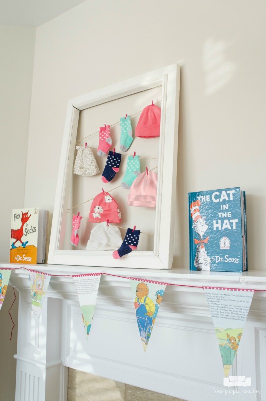 Love this hats and socks "laundry line" pun for a book themed baby shower!