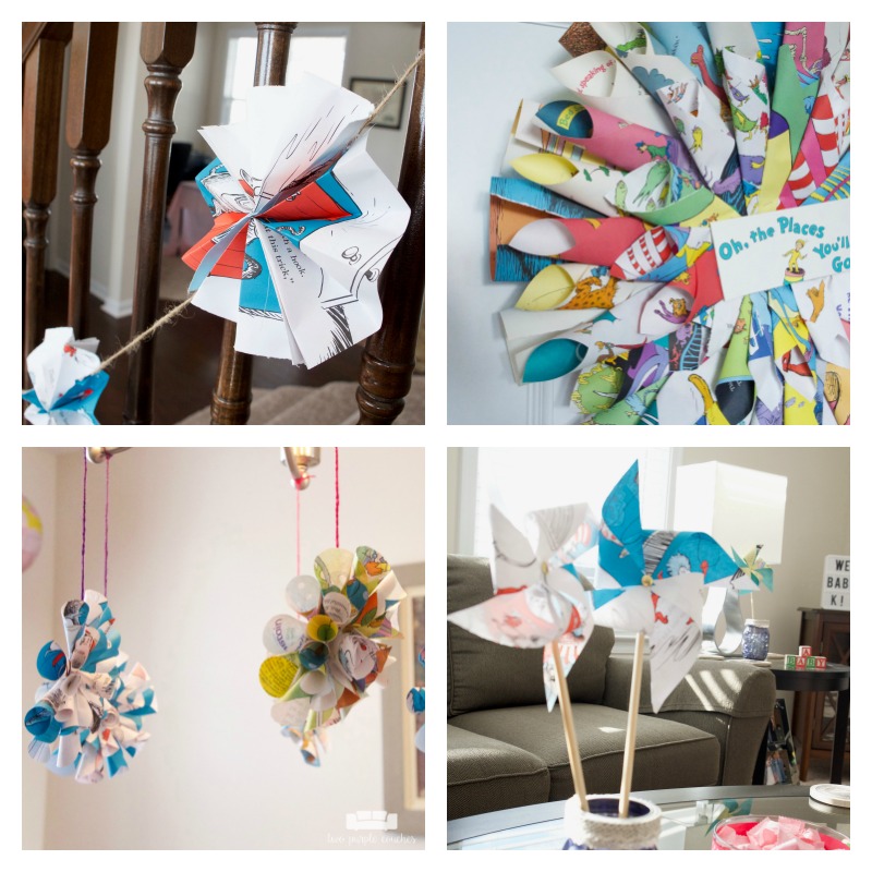 So many cute book page decorations for a book themed baby shower!