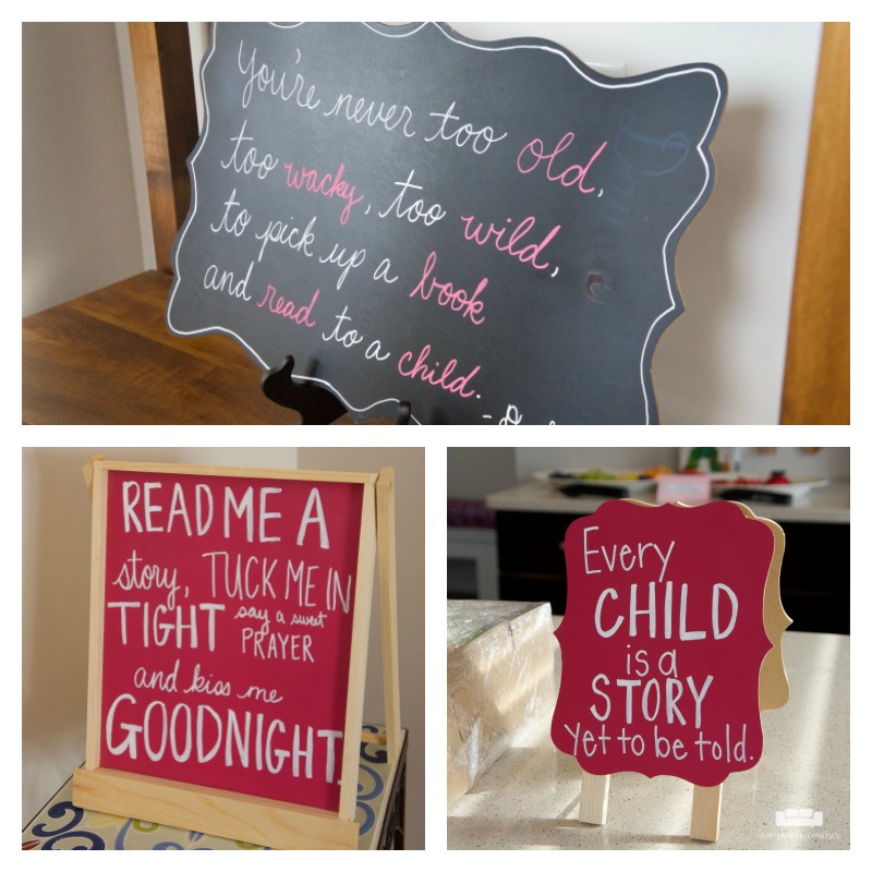 Sweet chalkboard signs for a book themed baby shower.