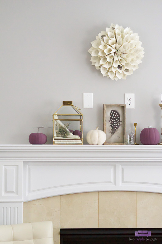 Autumn mantel decor featuring purple and cream. Simple DIY decorations and a mix of neutral with unexpected color give this Fall mantel a beautiful style.